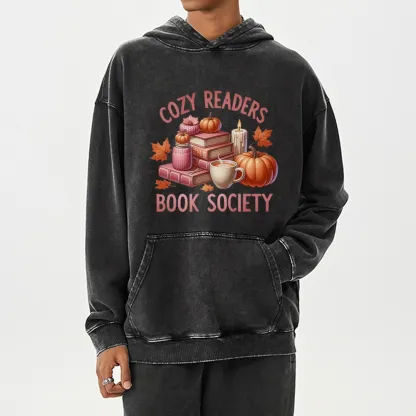 Pagewings Thanksgiving Cozy Readers Book Society Unisex Washed Hoodie