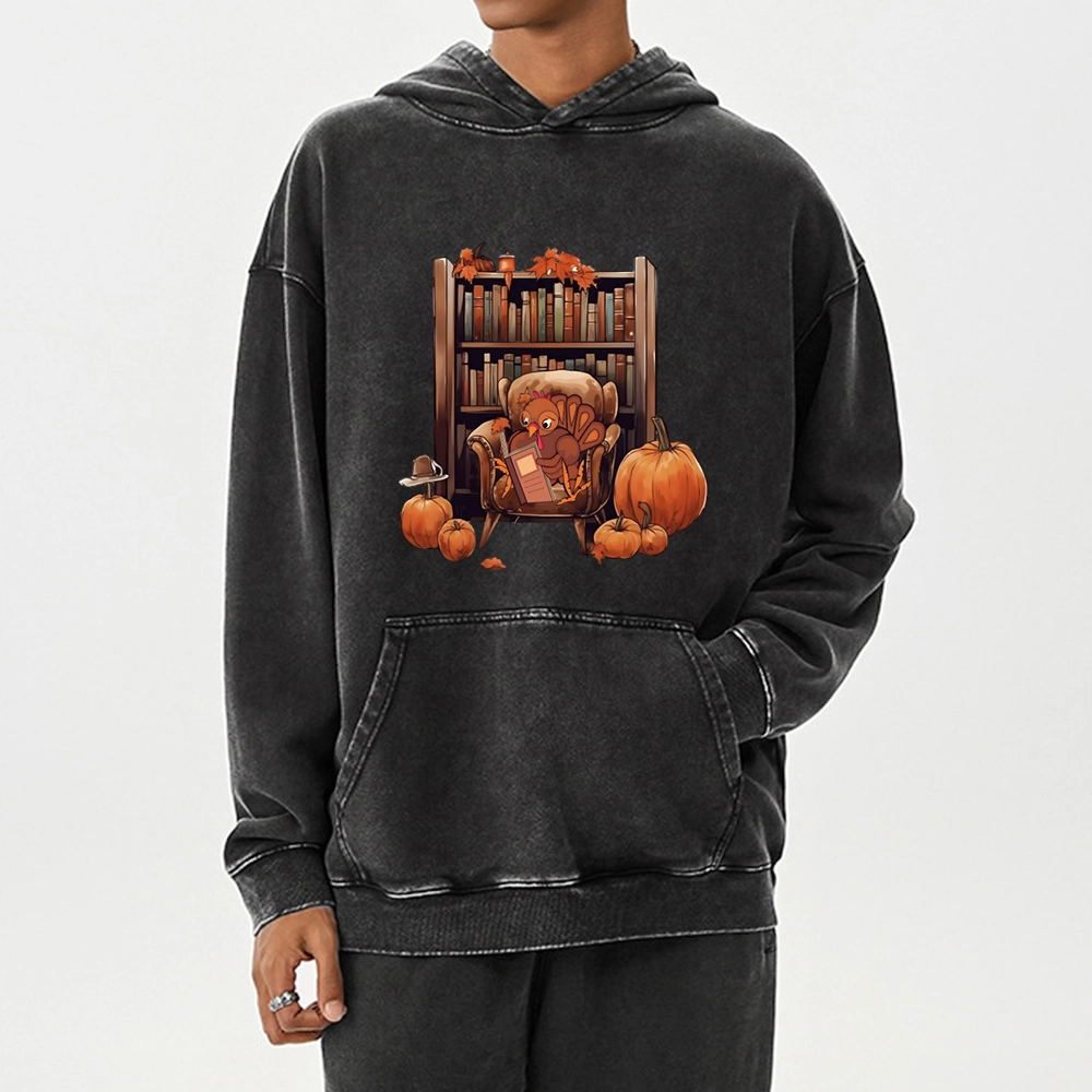 Pagewings Thanksgiving Turkey Reading Unisex Washed Hoodie