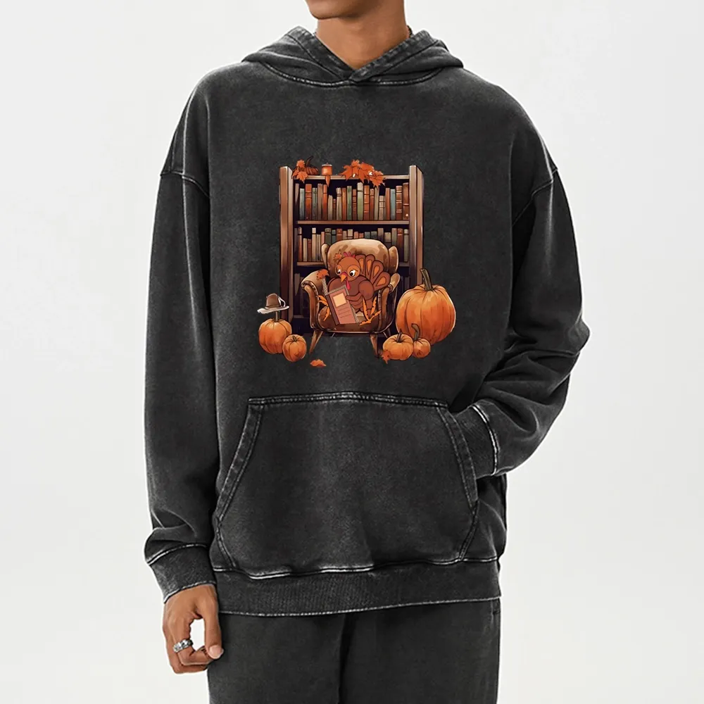 Pagewings Thanksgiving Turkey Reading Unisex Washed Hoodie