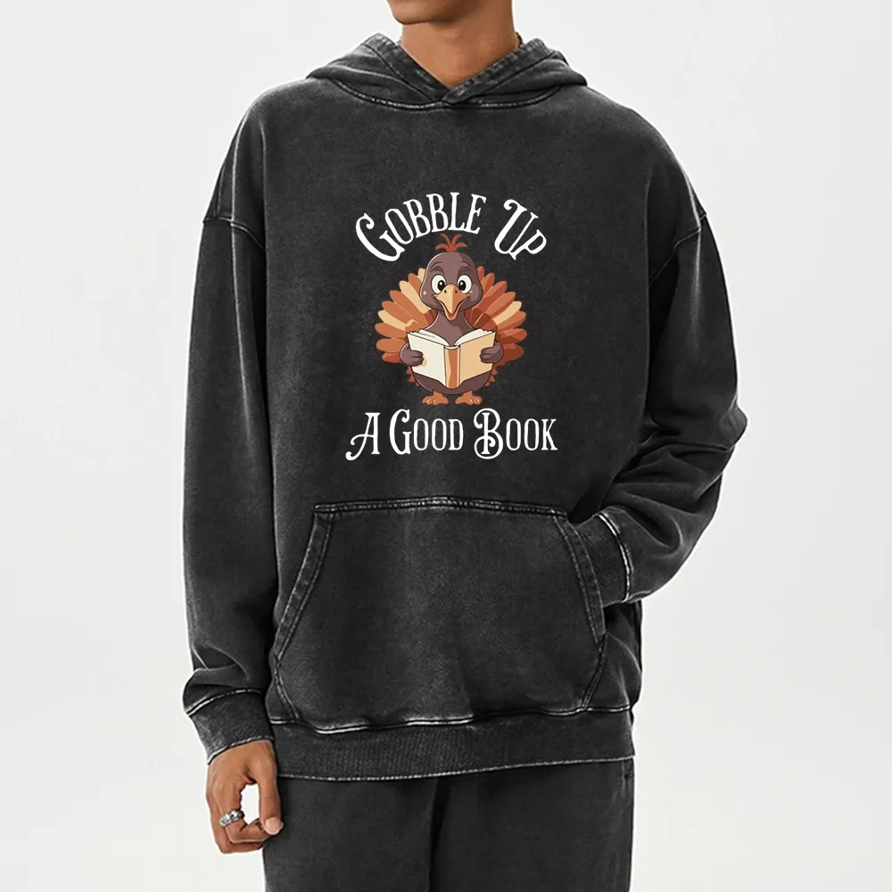 Pagewings Thanksgiving A Good Book Unisex Washed Hoodie