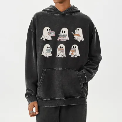 Pagewings Ghost Reading Halloween Unisex Washed Hoodie