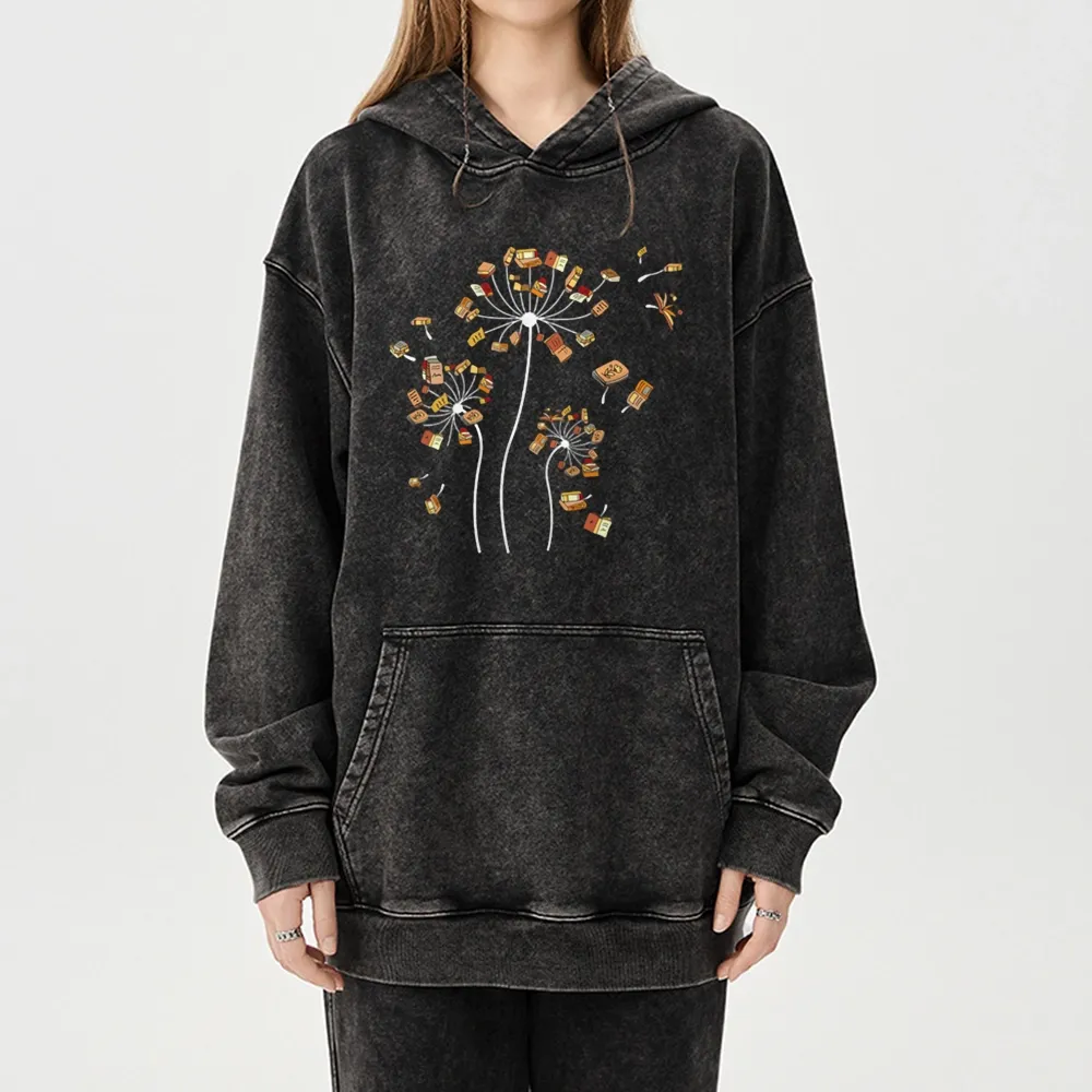 Pagewings Dandelion Flower Books Unisex Washed Hoodie