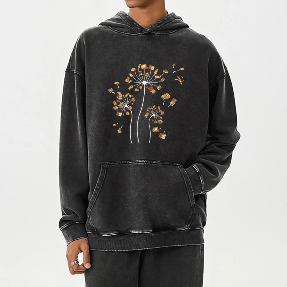 Pagewings Dandelion Flower Books Unisex Washed Hoodie