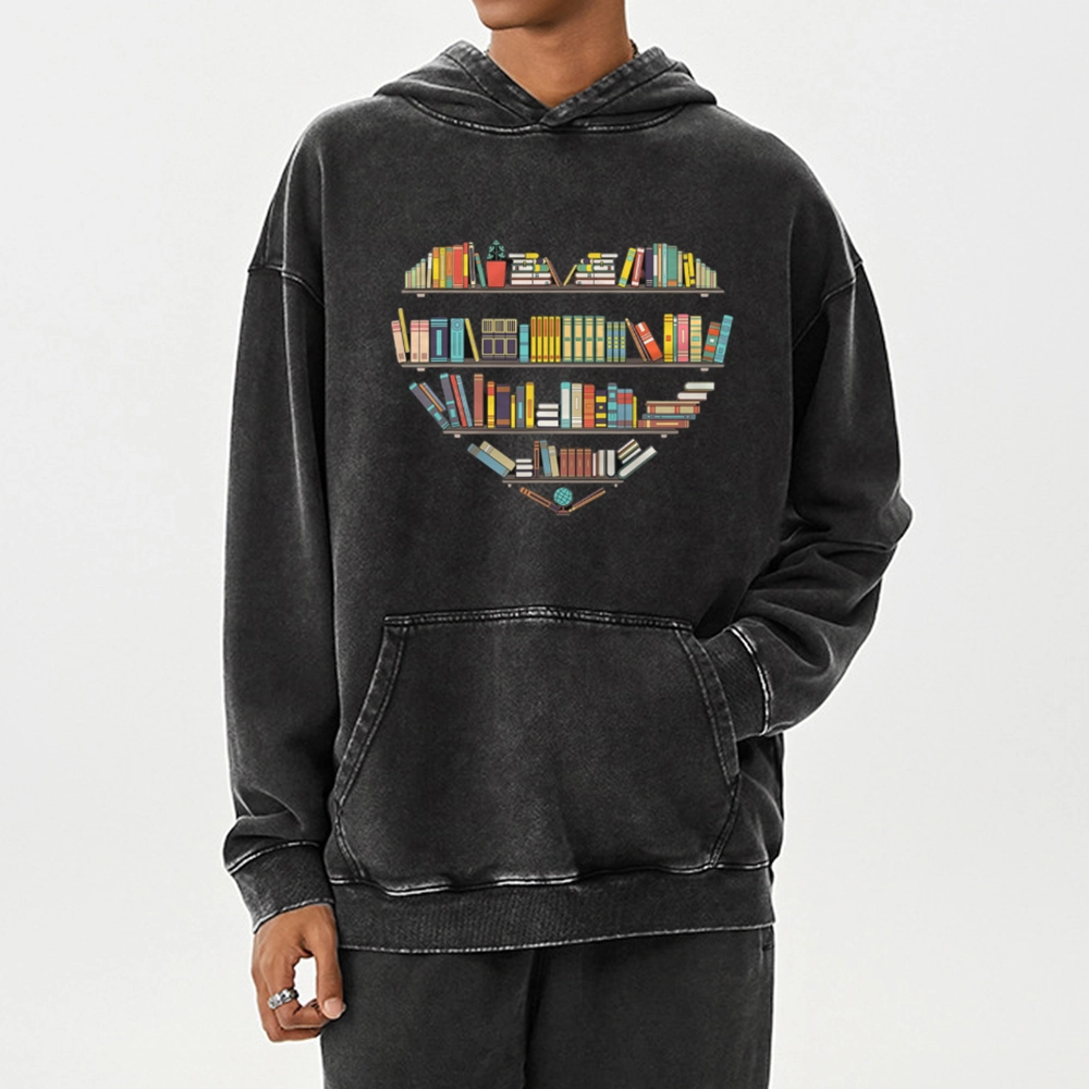 Pagewings Heart Bookshelves Unisex Washed Hoodie