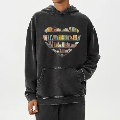 Pagewings Heart Bookshelves Unisex Washed Hoodie