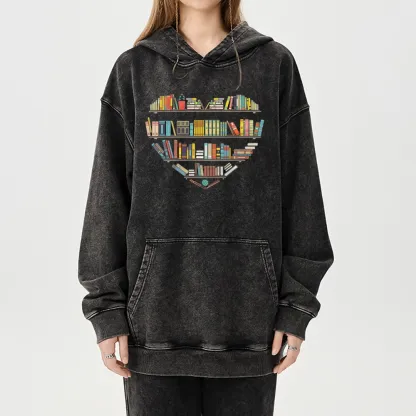 Pagewings Heart Bookshelves Unisex Washed Hoodie