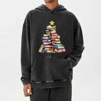 Pagewings Christmas Tree Bookworm Unisex Washed Hoodie