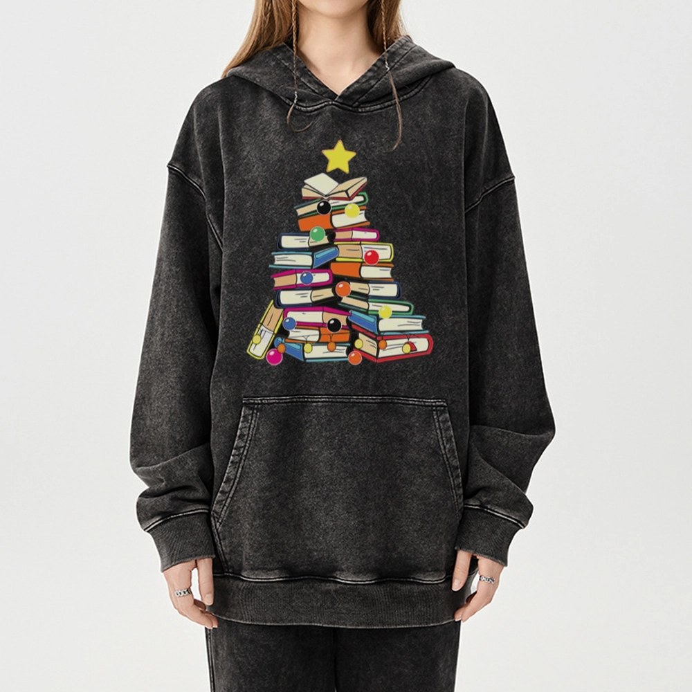 Pagewings Christmas Tree Bookworm Unisex Washed Hoodie
