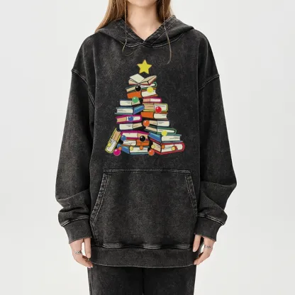 Pagewings Christmas Tree Bookworm Unisex Washed Hoodie