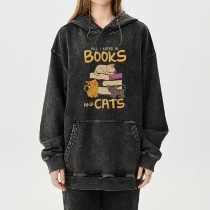 Pagewings All I Need Is Books And Cats Unisex Washed Hoodie