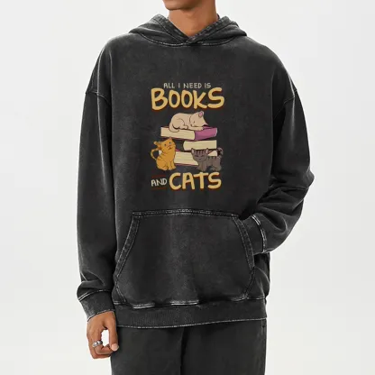 Pagewings All I Need Is Books And Cats Unisex Washed Hoodie