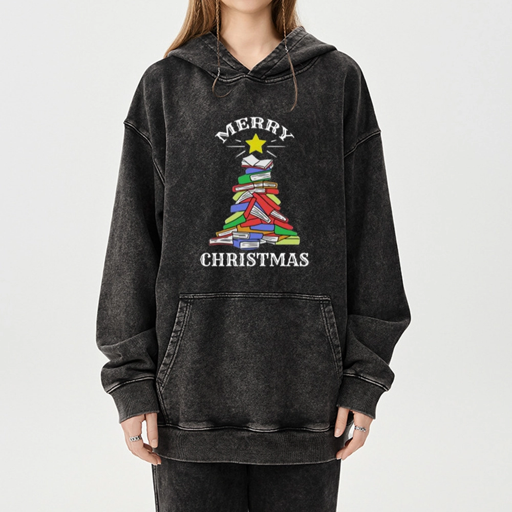 Pagewings Merry Christmas Book Tree Unisex Washed Hoodie