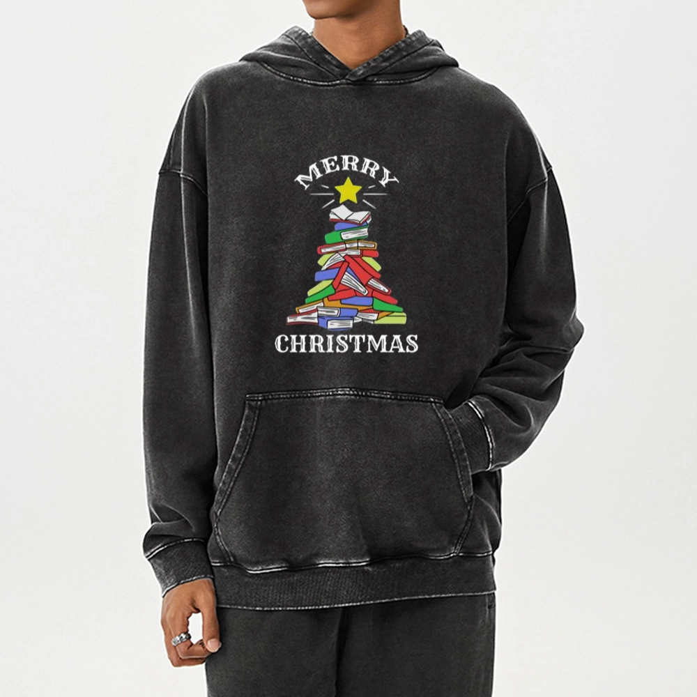 Pagewings Merry Christmas Book Tree Unisex Washed Hoodie