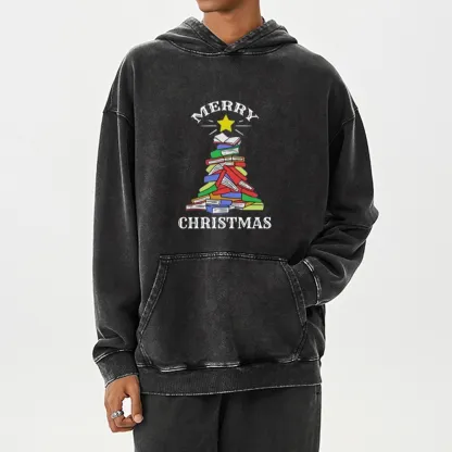 Pagewings Merry Christmas Book Tree Unisex Washed Hoodie