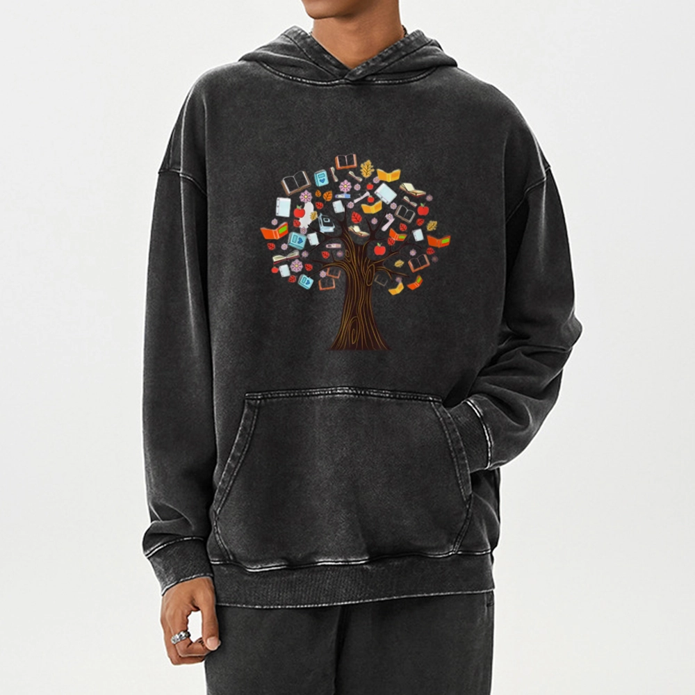 Pagewings Book Tree Vintage Graphic Unisex Washed Hoodie