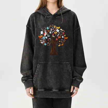 Pagewings Book Tree Vintage Graphic Unisex Washed Hoodie