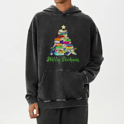 Pagewings Book Christmas Tree Unisex Washed Hoodie