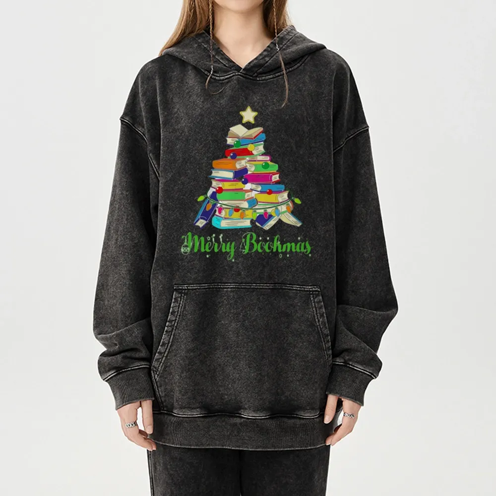 Pagewings Book Christmas Tree Unisex Washed Hoodie