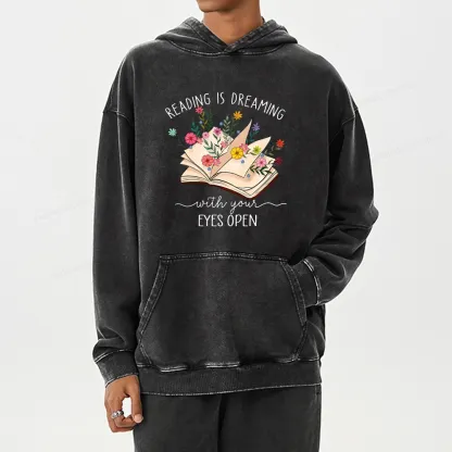 Pagewings Reading Is Dreaming With Your Eyes Open Unisex Washed Hoodie