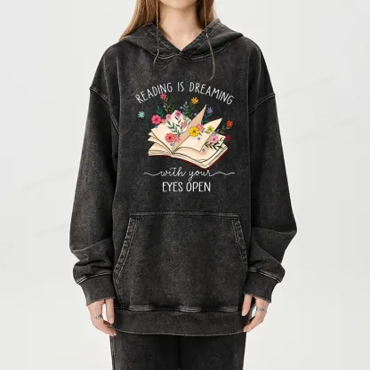 Pagewings Reading Is Dreaming With Your Eyes Open Unisex Washed Hoodie