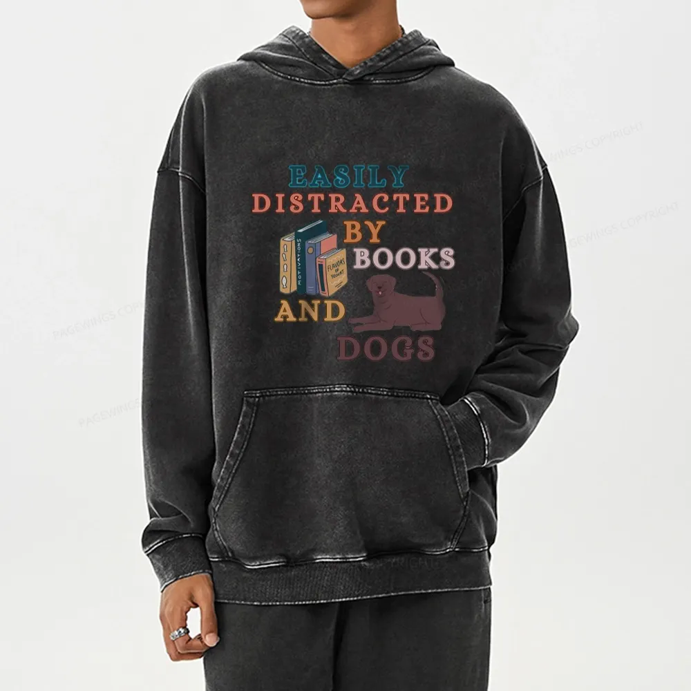Pagewings Easily Distracted By Books And Labrador Unisex Washed Hoodie