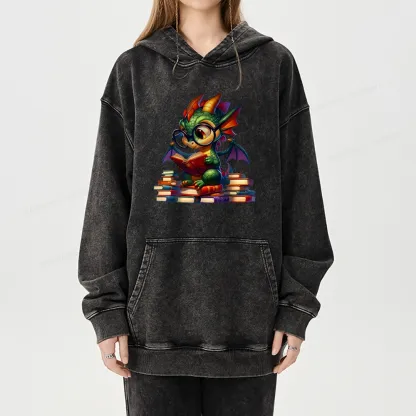 Pagewings Dragon And Books Unisex Washed Hoodie
