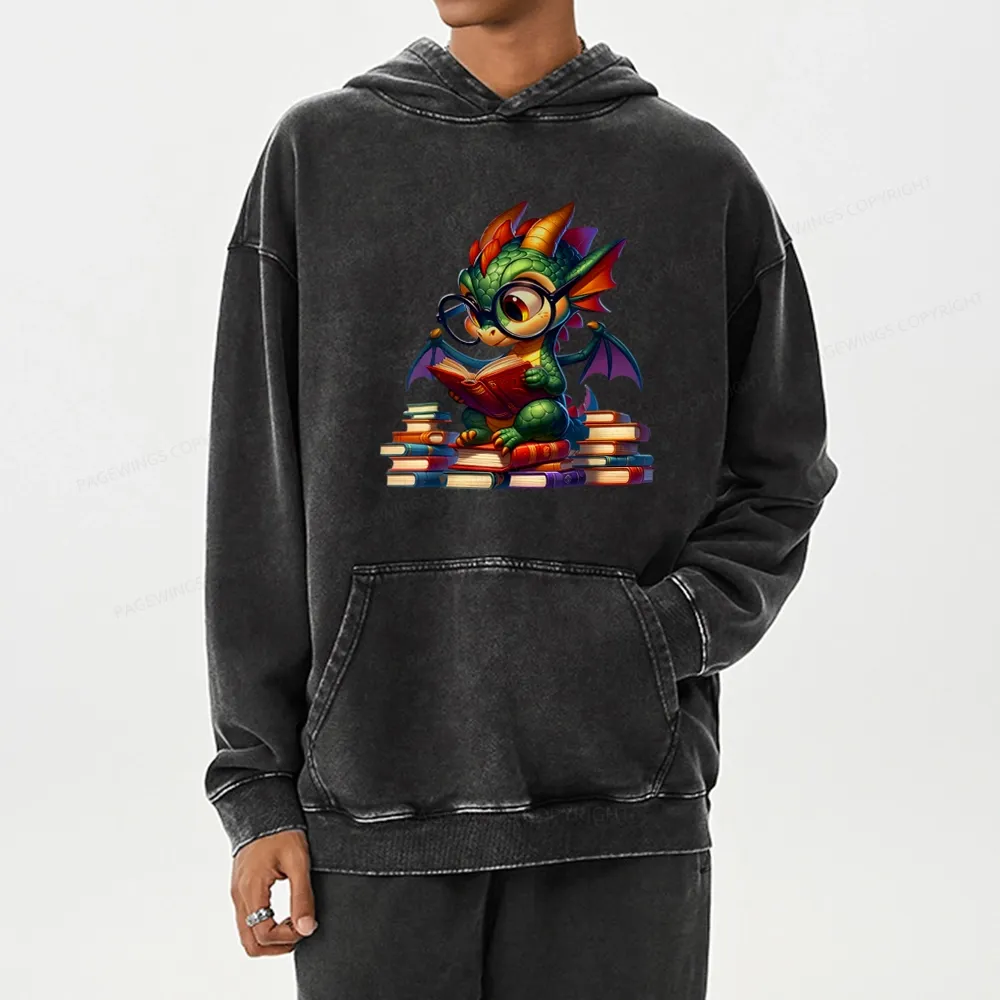Pagewings Dragon And Books Unisex Washed Hoodie