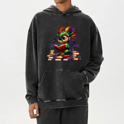 Pagewings Dragon And Books Unisex Washed Hoodie
