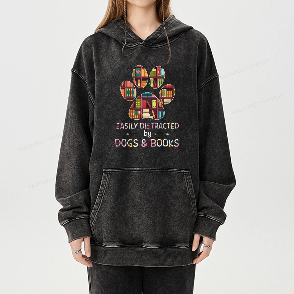 Pagewings Easily Distracted By Dogs And Books Unisex Washed Hoodie