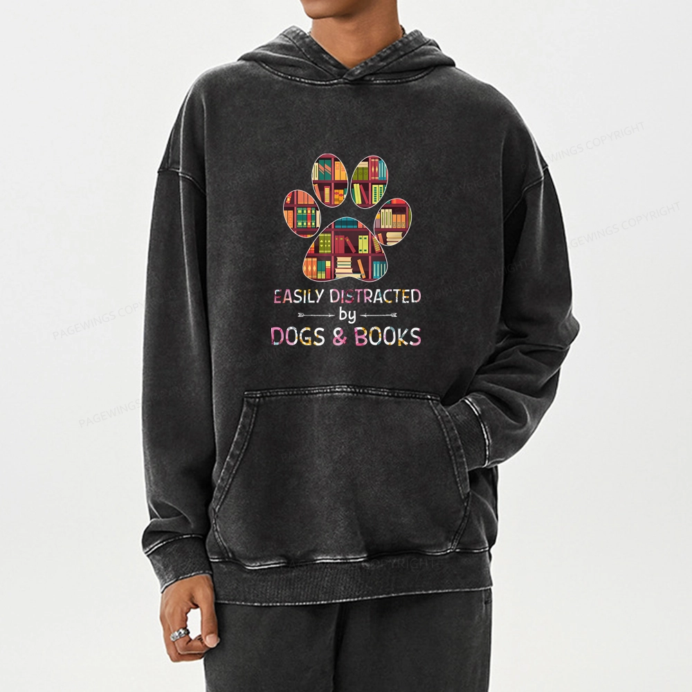 Pagewings Easily Distracted By Dogs And Books Unisex Washed Hoodie