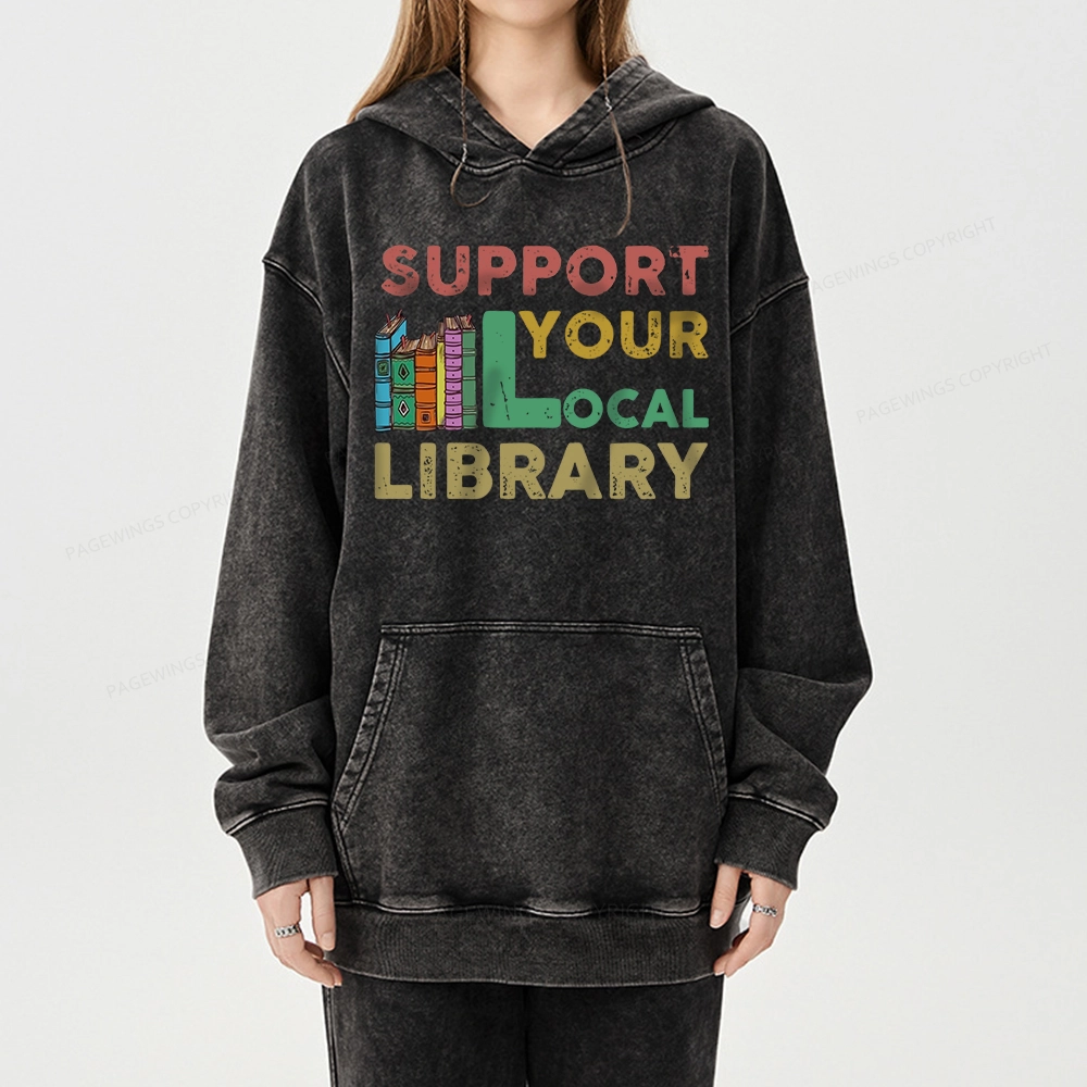 Pagewings Support Your Local Library Unisex Washed Hoodie