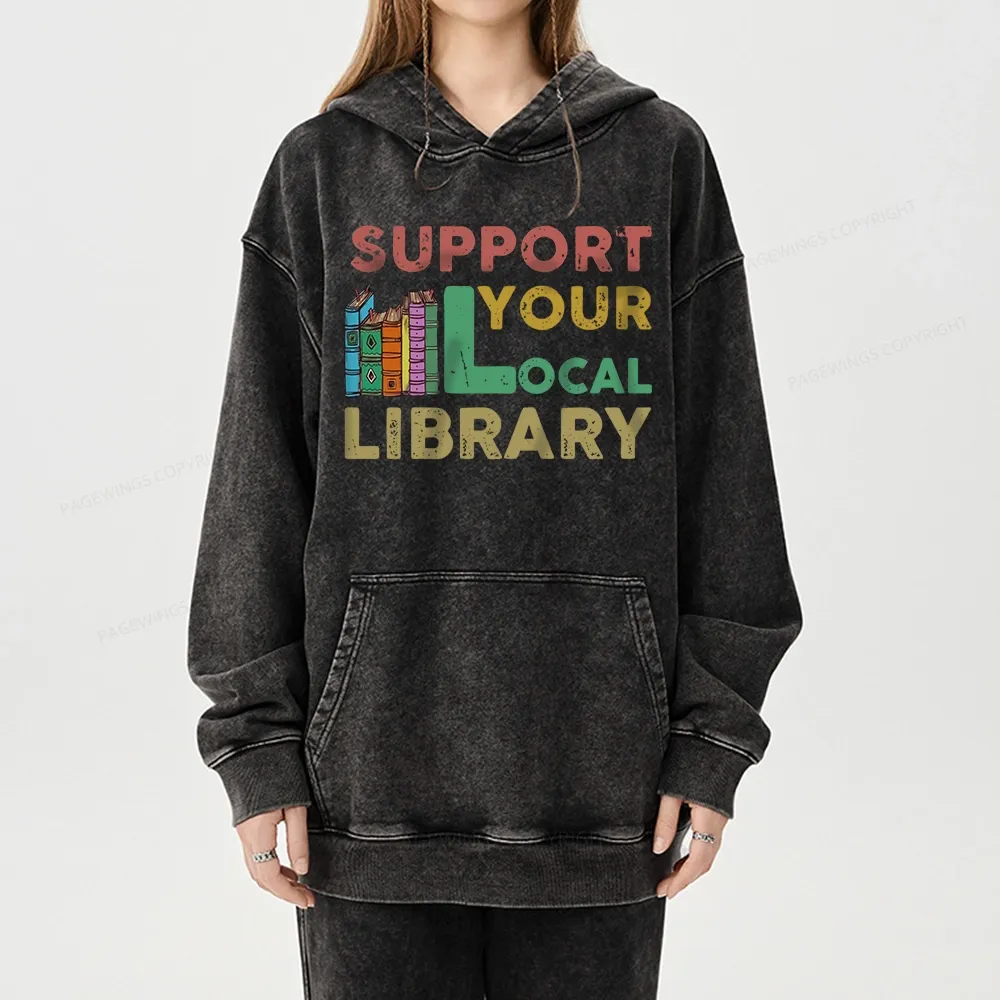 Pagewings Support Your Local Library Unisex Washed Hoodie