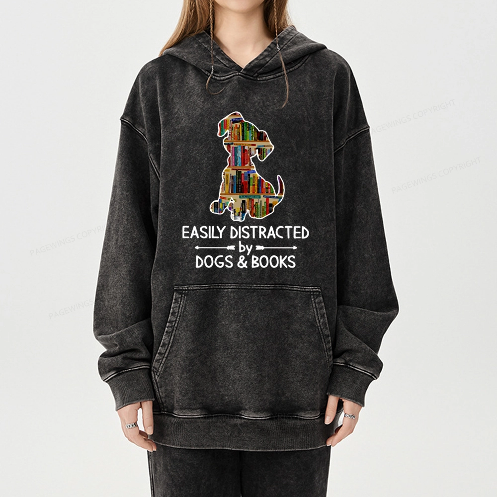 Pagewings Easily Distracted By Dogs And Books Unisex Washed Hoodie