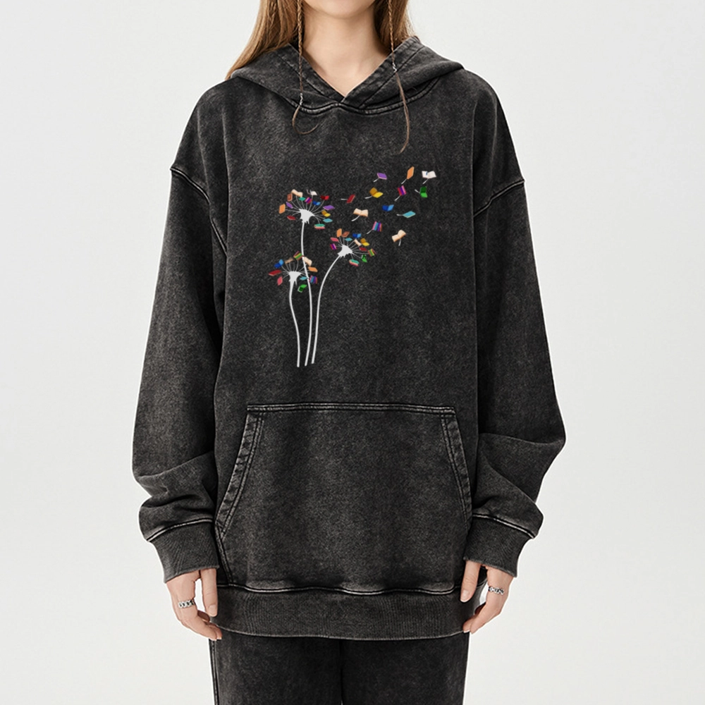 Pagewings Cute Dandelion Books Flower Fly Unisex Washed Hoodie