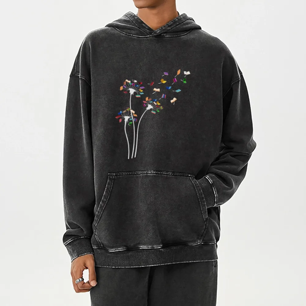 Pagewings Cute Dandelion Books Flower Fly Unisex Washed Hoodie