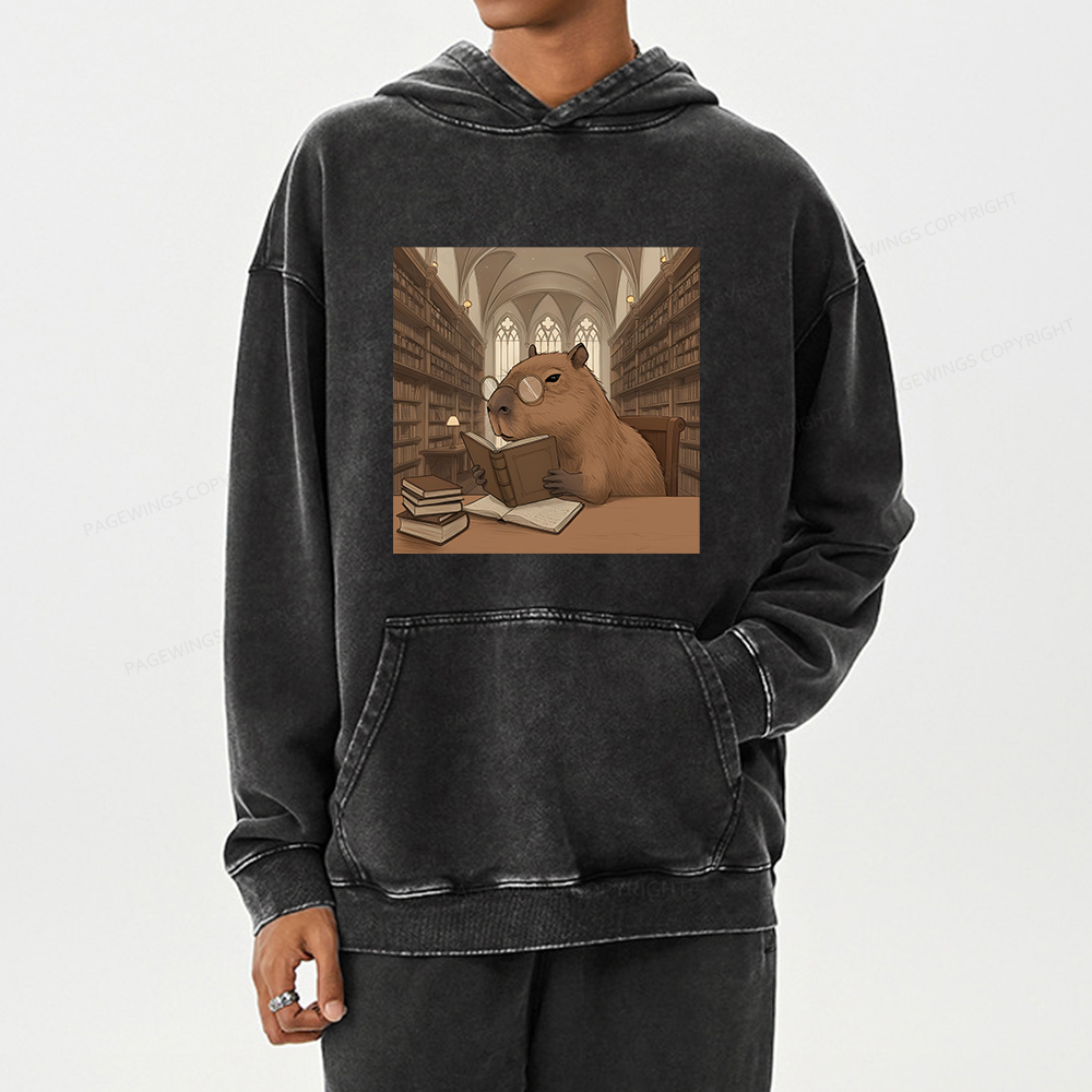 Pagewings The Reader Capybara Unisex Washed Hoodie