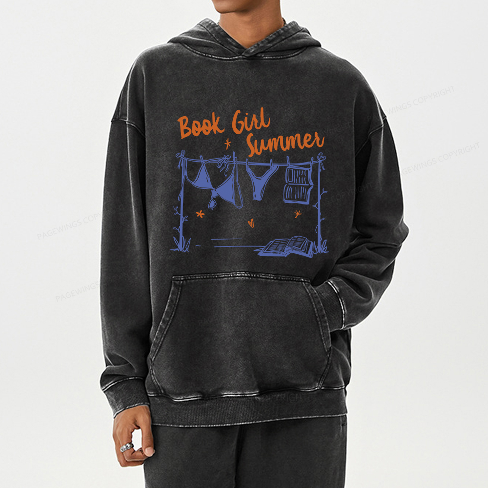 Pagewings Book Girl Summer Bookish Unisex Washed Hoodie