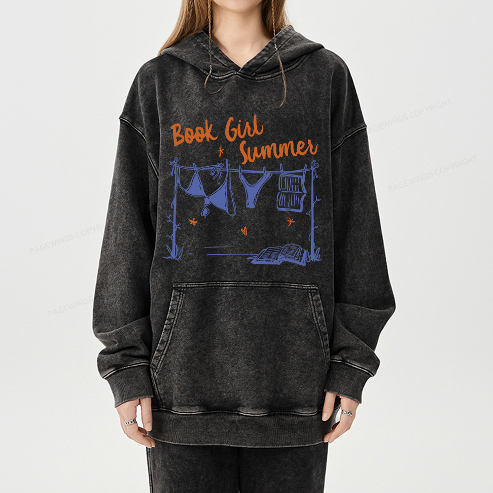 Pagewings Book Girl Summer Bookish Unisex Washed Hoodie
