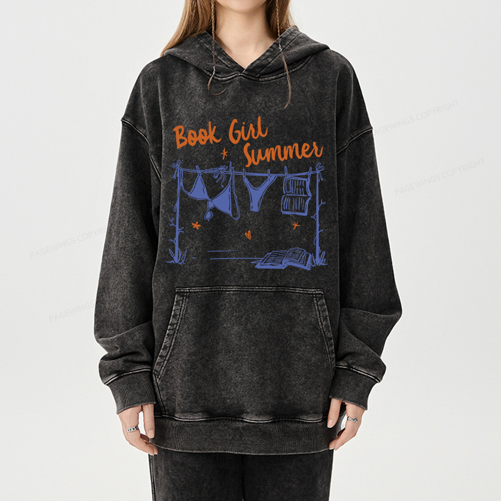 Pagewings Book Girl Summer Bookish Unisex Washed Hoodie