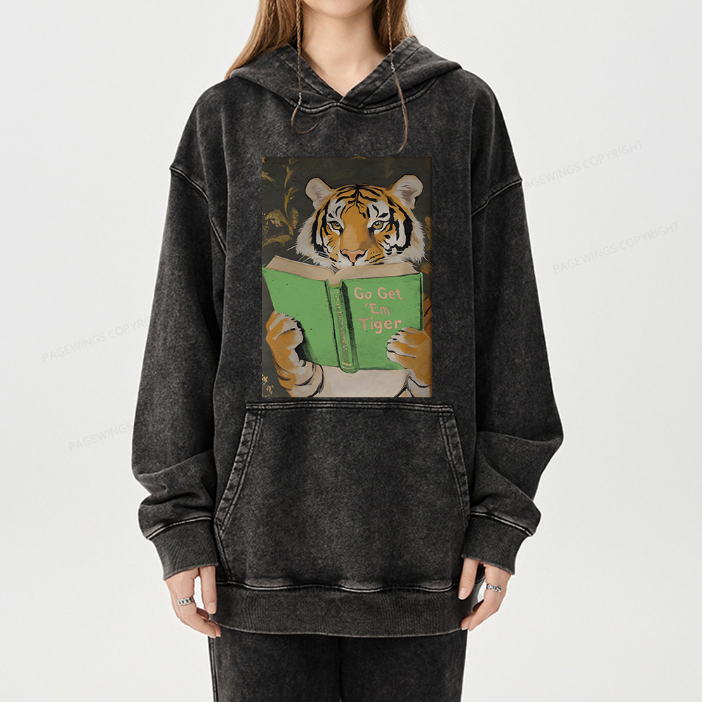 Pagewings Motivational Tiger Reading Unisex Washed Hoodie