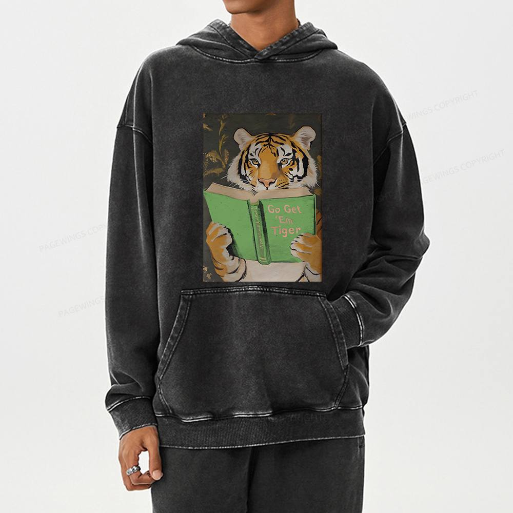 Pagewings Motivational Tiger Reading Unisex Washed Hoodie