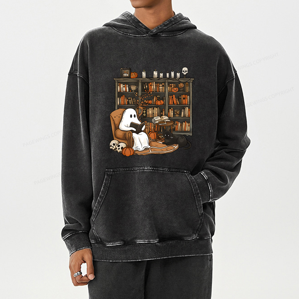 Pagewings Halloween Ghost Reading Books Unisex Washed Hoodie