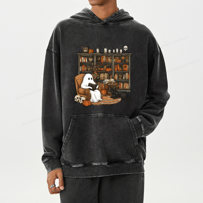 Pagewings Halloween Ghost Reading Books Unisex Washed Hoodie