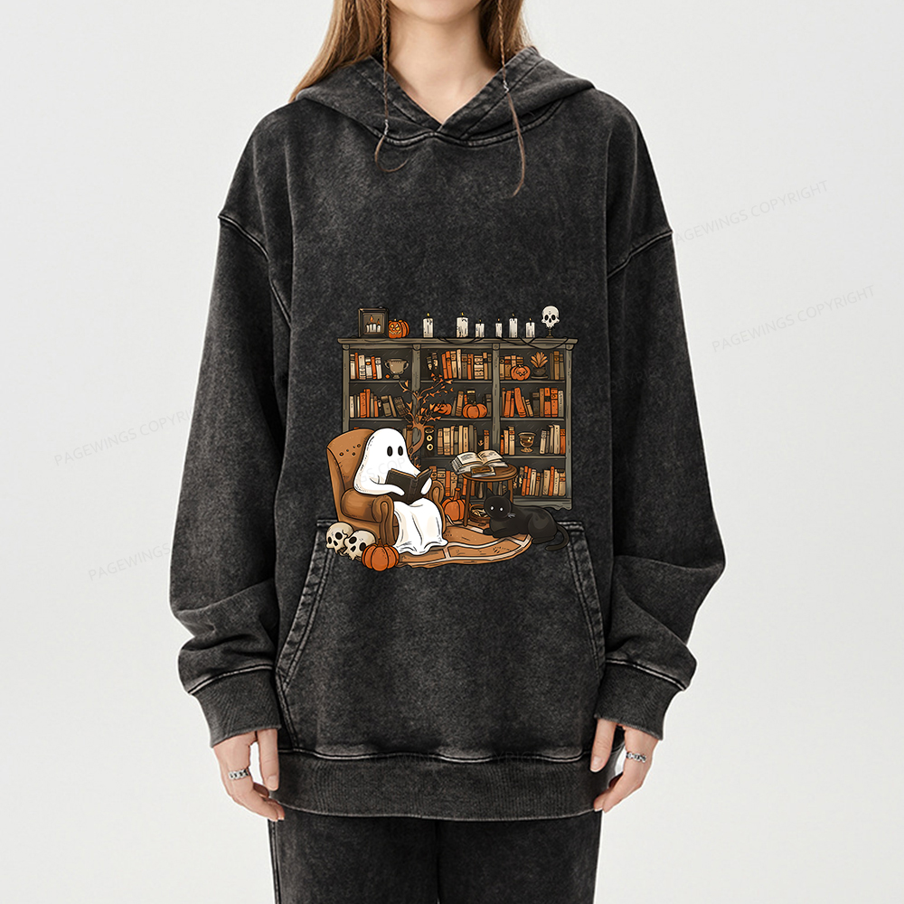 Pagewings Halloween Ghost Reading Books Unisex Washed Hoodie