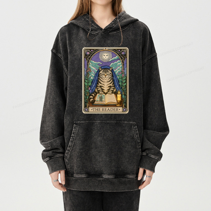 Pagewings The Reader Cat Tarot Cards Unisex Washed Hoodie