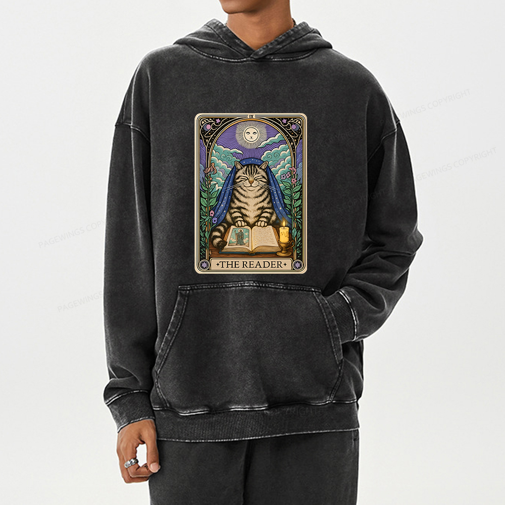 Pagewings The Reader Cat Tarot Cards Unisex Washed Hoodie