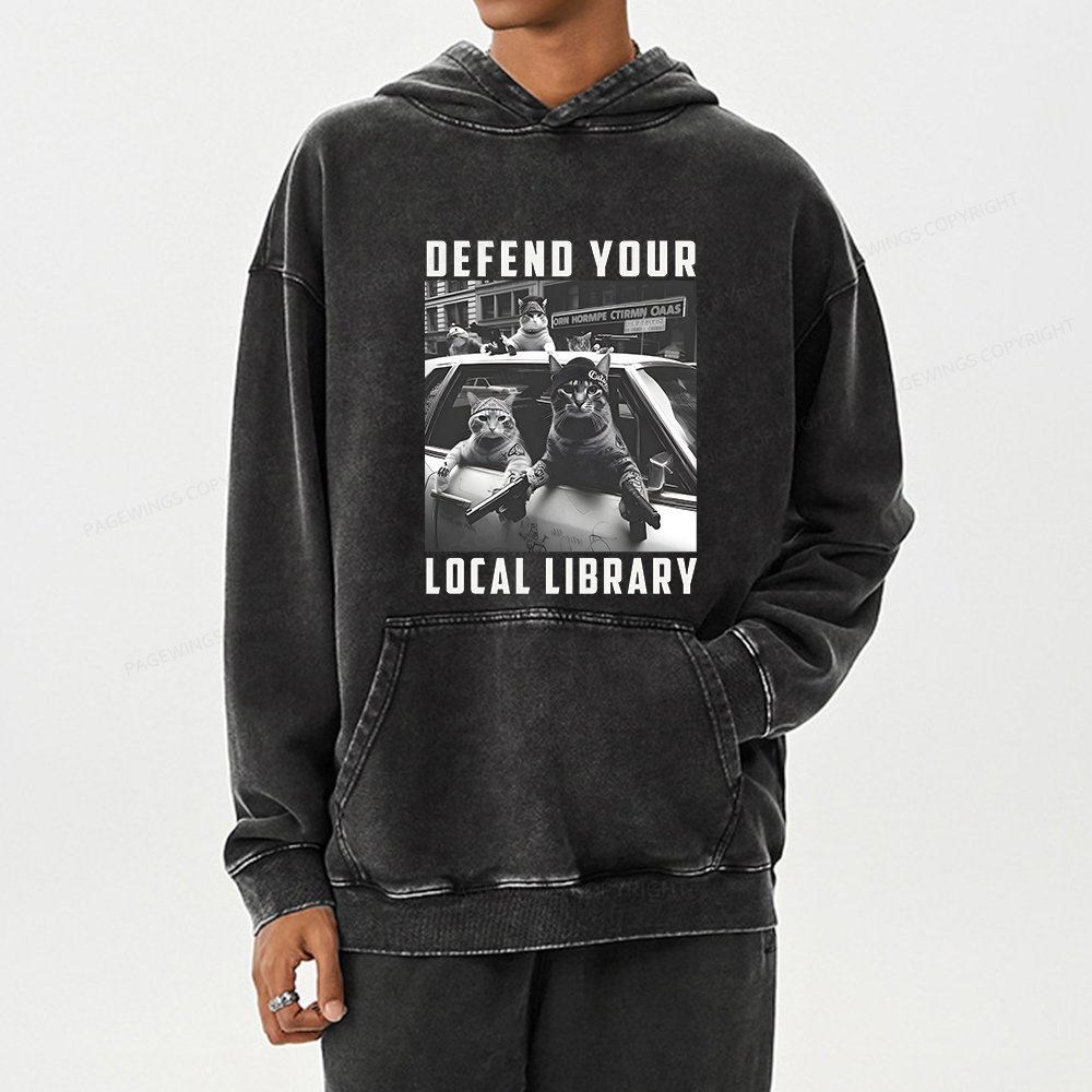 Pagewings Defend Your Local Library Unisex Washed Hoodie