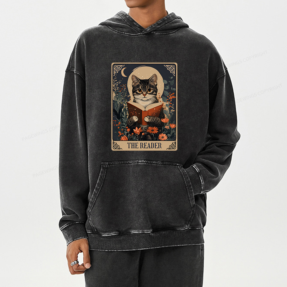 Pagewings The Reader Tarot Card Cat Unisex Washed Hoodie