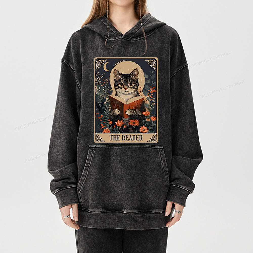 Pagewings The Reader Tarot Card Cat Unisex Washed Hoodie