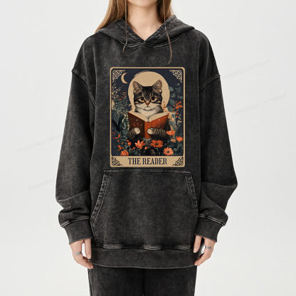 Pagewings The Reader Tarot Card Cat Unisex Washed Hoodie